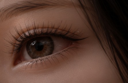 Close-up editorial illustration of a doll's eye and eyelashes